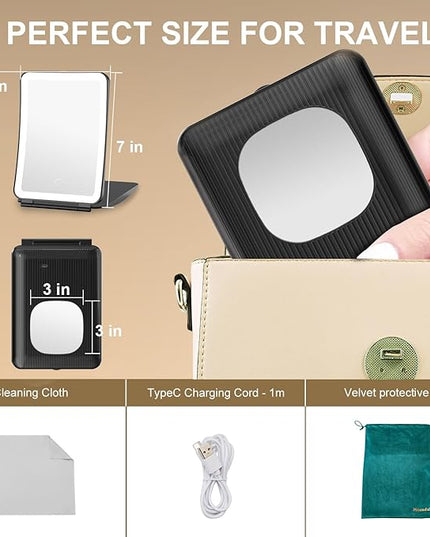 Mocado Travel Makeup Mirror with Light, 1x/10x Magnifying Mirror with Light, 3 Colors Lighted Magnifying Mirror, 2000mAh Rechargeable Lighted Makeup Mirror, Dimmable Touch, Memory Function (Black