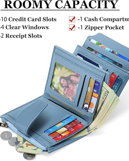 Airkit Small Wallet Women RFID Blocking Soft Leather Bifold Compact Card Holder Wallet for Women with Zipper Coin Pocket 4 ID Window