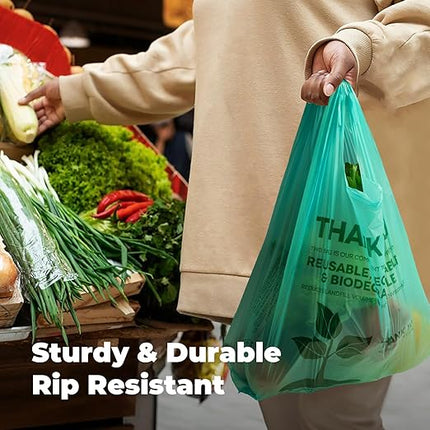 FMP Brands 1000 Count Eco Biodegradable Plastic Grocery Bags with Handles, Reusable Plastic Shopping Bags Bulk for Small Business, Restaurant, Groceries, Supermarket