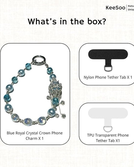 Blue Royal Crystal Crown Original Design Phone Charm with 2 Tether Tabs – Stylish, Durable, and Hands-Free Phone Chain – Compatible with iPhone, Samsung, Pixel & More