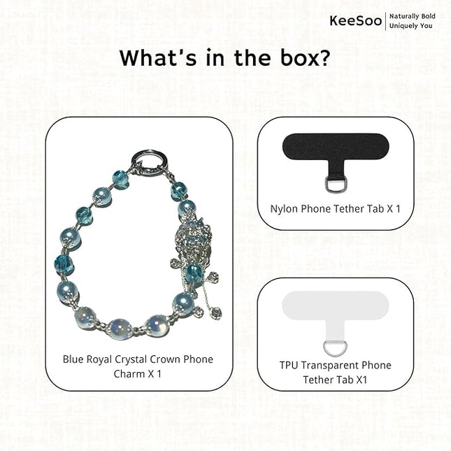 Blue Royal Crystal Crown Original Design Phone Charm with 2 Tether Tabs – Stylish, Durable, and Hands-Free Phone Chain – Compatible with iPhone, Samsung, Pixel & More
