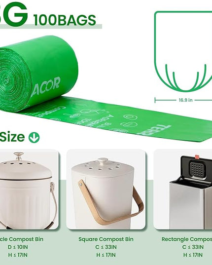 3 Gallon Compostable Food Scrap Bags, 100 Bags Compost Bags for Countertop Bin, BPI Certified and Meet The ASTM D6400 Standard