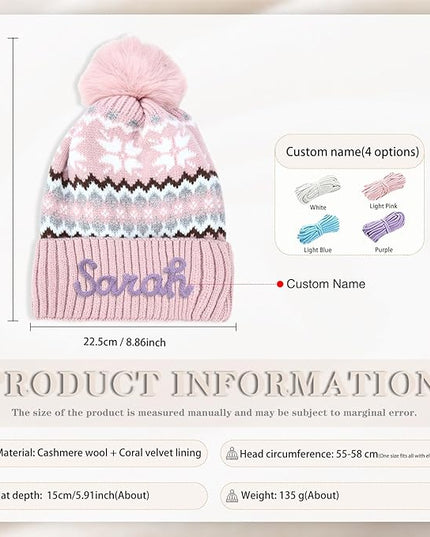 Personalized Beanie for Women Custom Knit with Name, Winter Hat with Pom Pom, Soft Lined Warm Hat, Birthday Gift