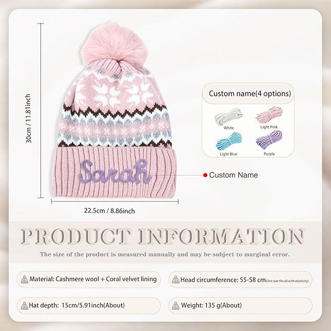 Personalized Beanie for Women Custom Knit with Name, Winter Hat with Pom Pom, Soft Lined Warm Hat, Birthday Gift