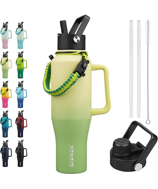 BJPKPK Insulated Water Bottles with Straw Lid, 40oz Metal Water Bottle with 2 lids & Paracord Strap, Double Wall Stainless Steel Tumbler with Handle, Reusable Cups, Mugs, Thermo, Fresh Green