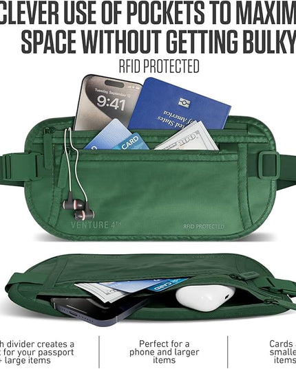 VENTURE 4TH Money Belt for Travel – Hidden Under-Clothes RFID Blocking Passport Holder & Slim Travel Wallet Pouch for Men & Women to Protect Cash, Cards & Documents (Sleek Army Green)