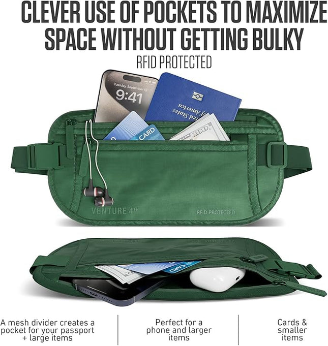 VENTURE 4TH Money Belt for Travel – Hidden Under-Clothes RFID Blocking Passport Holder & Slim Travel Wallet Pouch for Men & Women to Protect Cash, Cards & Documents (Sleek Army Green)