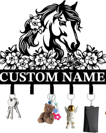 Personalized Custom Name Farm Horse Wall Key Hooks,Metal Horse Art Clothes Hooks,Metal Horse Wall Home Storage Decorative,For Front Door, Hallway, Kitchen, Bedroom,Keys,Hats (Style C)
