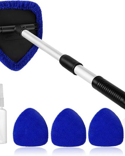 11pcs Windshield Cleaner Tool, Car Window Cleaning Wash Kit with 6 Reusable Microfiber Pads 2 Spray Bottles and Extendable Handles Auto Glass Wiper Kit, Blue