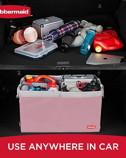 Rubbermaid Car Organizer, Collapsible Trunk Organizer, Multi-Compartment Car Storage Organization for Car Accessories, 2 Compartments With Cover, 21.65"*14.17"*12.2" - Pink