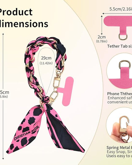 Fycyko Phone Wrist Strap with Gold Metal Scarf and Universal Tether Tab, Aesthetic Print Design Ribbon Chain, Multi-Purpose Accessories for Bag Key Cellphone for Men Women Girls-Hot Pink Leopard