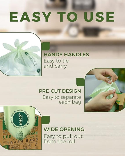 ANECO Compostable Food Waste Bags 13 Gallon, 50 Count, Extra Thick Kitchen Compost Bags With Handles, Large Compostable Bags for Tall Kitchen Bin