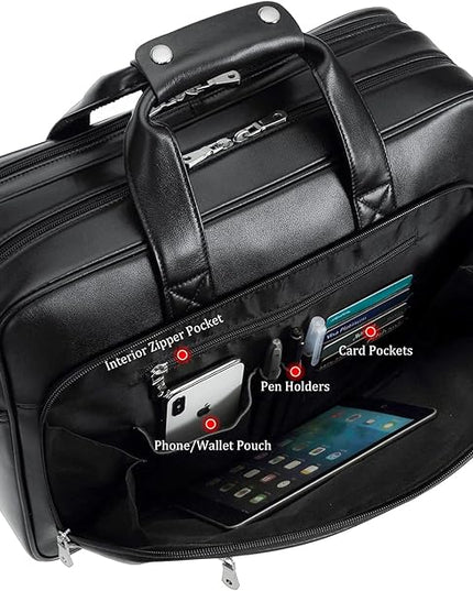 Men's Solid Thick Full Grain Leather 17.3" Laptop Briefcase Classic Messenger Bag Fit Business Travel | Solid, Thick, Full Grain Leather, 17.3", Classic, Fit, Business Travel