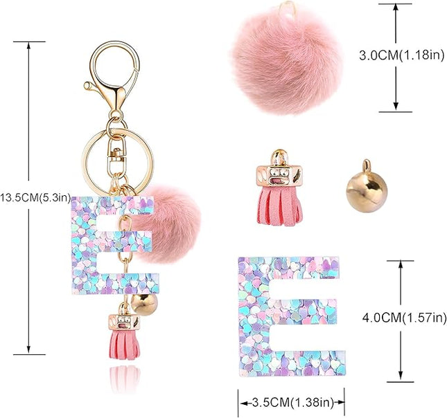 Resin Alphabet Initial Letter Keychain Keyring for Women Purse Handbags With Fur Ball Pom