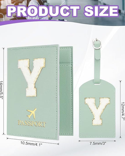 PATIKIL Passport Holder for Travel, Initial Passport Cover and Luggage Tag Set with Alphabet Chenille Letter Patch Travel Wallet Bag Suitcase Identifier for Women Family Travel Green Y