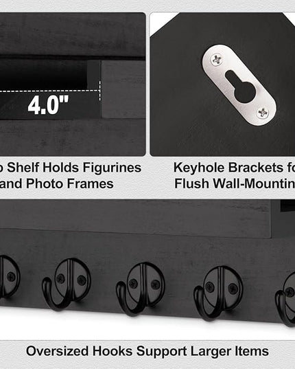 Lwenki Key Holder Wall Mount, Entryway Key and Mail Holder with 7 Sturdy Hooks for Sunglasses, Dog Leash, Decorative Wall Shelf with Mounting Hardware, 15”W x 6.7”H x 4.2”D