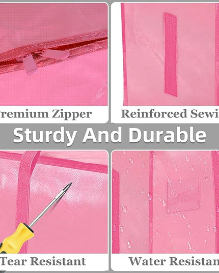 6 Pack-Extra Large Heavy Duty Moving Bags - Waterproof Storage Totes with Handles & Zippers, Foldable for College Dorm, Storage (Pink)