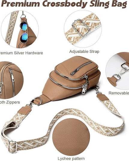 Sling Bag Crossbody Backpack - 2 in 1 Leather Cross Body Bag Fanny Pack with 2 Removable Straps