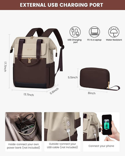 LOVEVOOK Laptop Backpack for Women, 15.6 Inch Work Laptop Bag with USB Port, Fashion Teacher Nurse Backpack Purse, Waterproof Travel Computer Backpack with Organizer Bag, 2PCS, Apricot-Coffee