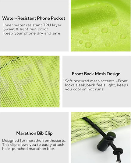 WATERFLY Running Belt Fanny Pack: Breathable 3 Pocket Waist Bag for Men Women Workout Exercise Fitness Phone Holder Fits All Phones - Runner Marathon Jogging Race Belt with Bib Clip Yellow