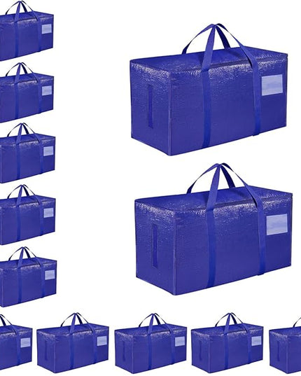 12 Pack-Extra Large Heavy Duty Moving Bags - Waterproof Storage Totes with Handles & Zippers, Foldable for College Dorm, Storage (Blue)