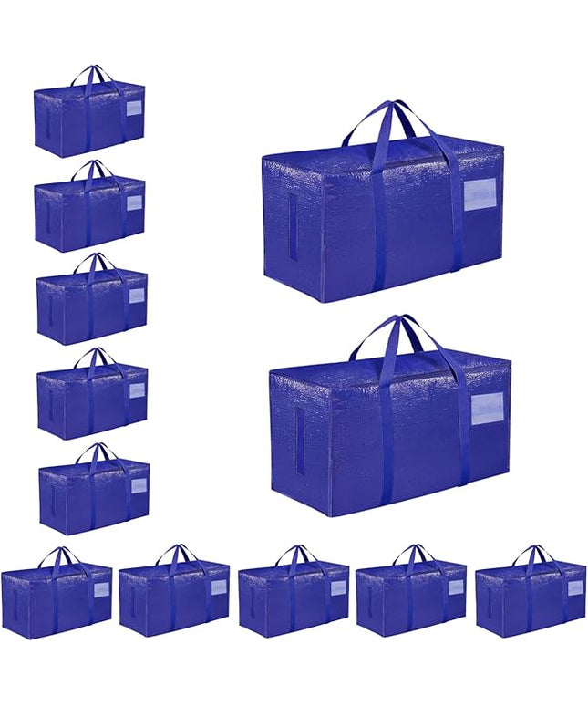12 Pack-Extra Large Heavy Duty Moving Bags - Waterproof Storage Totes with Handles & Zippers, Foldable for College Dorm, Storage (Blue)