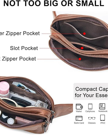 LATMAP 3L Fanny Packs for Women Cross Body Bag Vegan Leather Chest Belt Bag Fashion Waist Pack Small Bum Bag Crossbody for Travel Running Workout, Brown