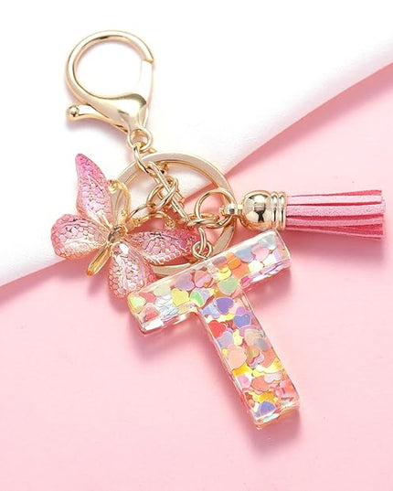 Fashion Alphabet Initial Letter Keychain Tassel Butterfly Pendant Key Ring for Purse Handbags Women Girl