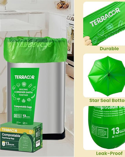 13 Gallon Compostable Trash Bags,50 Count, Heavy Duty Tall Kitchen Food Scrap Waste Bag,Certified BPI and ASTM D6400 Standard
