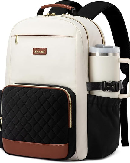 LOVEVOOK Laptop Backpack for Women with Pouch Pocket for Large Capacity Cup,17 Inch Teacher Nurse College Work Travel Backpack Purse,Waterproof Laptop Computer Bags,Beige-Black-Brown+Diamond-shaped