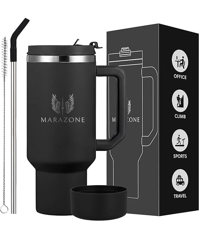 40 oz Insulated Tumbler with Handle and Straw – Stainless Steel Double Wall Vacuum Cup Fits Car Cup Holder, Hot Cold Travel Mug, BPA Free Reusable Water Bottle for Men Women - Midnight Black