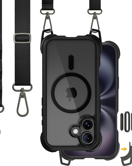 MAGEASY Designed for iPhone 16 Case with Strap - [Camera Control Button Coverage] 20ft Ultimate Drop Protection Compatible with MagSafe, Vegan Leather Frame | Odyssey Strap M