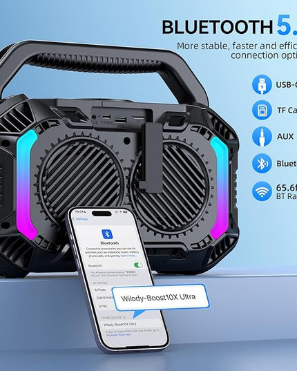 Wilody Speakers Bluetooth Wireless, 100W Loud Outdoor Speaker with Bass, IPX7 Waterproof Floatable, 20H Playtime, Wireless Charge, TWS, RGB Light, Portable Speaker for Work, Garage, Outdoor (Black)