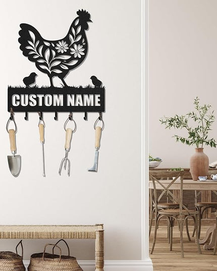 LOWACOS Personalized Key Holder for Wall, Custom Metal Chicken Key Hooks with Name, Meta Jacket Holder Hooks Organizer Rack, Jacket Hanger Decor for Kitchen, Entryway, Hallway, Office, Doorway