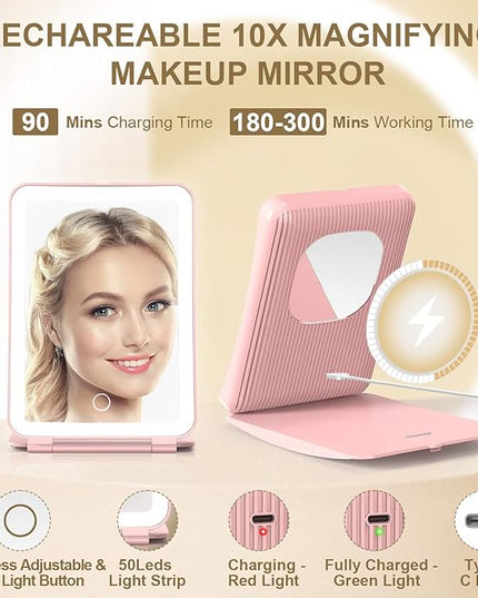 Mocado Travel Makeup Mirror with Light, 1x/10x Magnifying Mirror with Light, 3 Colors Lighted Magnifying Mirror, 2000mAh Rechargeable Lighted Makeup Mirror, Dimmable Touch, Memory Function (Pink)