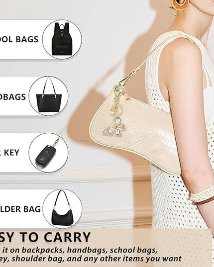 XGALBLA Cute Bling Crystals Rhinestone Butterfly KeyChain with Heart Pendant, Lovely Bag Charms for Handbags Purse Accessory