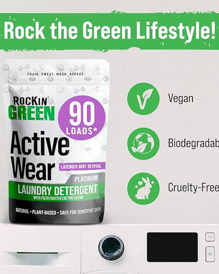 Rockin' Green Laundry Detergent, Plant based, All Natural Laundry Detergent Powder, Vegan and Biodegradable Odor Fighter, Safe for Sensitive Skin (Active Wear 90 Loads - Lavender Mint)