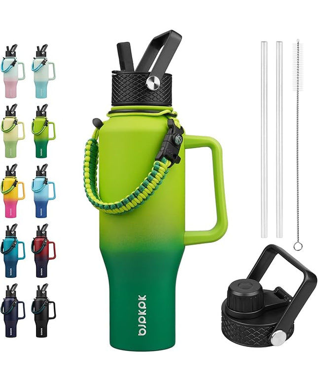 BJPKPK Insulated Water Bottles with Straw Lid, 35oz Metal Water Bottle with 2 lids & Paracord Strap, Double Wall Stainless Steel Tumbler with Handle, Reusable Cups, Mugs, Thermo, Bamboo Grove
