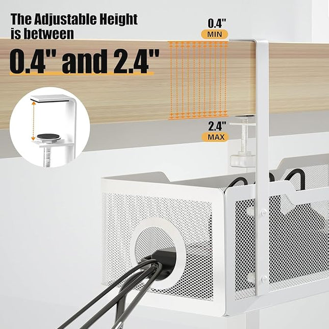 2 Pack Under Desk Cable Management Box White, Cinati 26.8" Wire Organizers No Drill, Cord Organization Tray with Clamp for Office, Home - No Damage to Desk