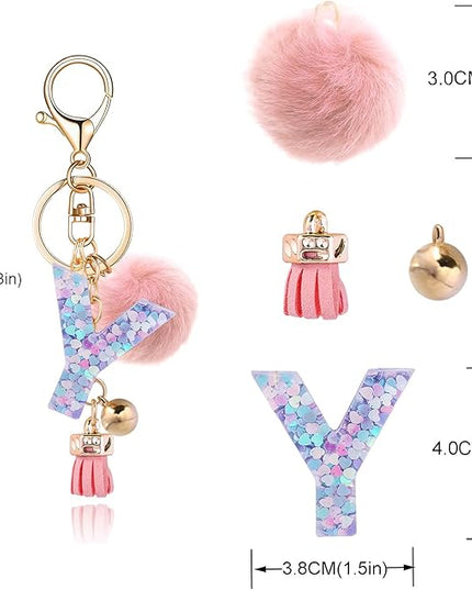 Resin Alphabet Initial Letter Keychain Keyring for Women Purse Handbags With Fur Ball Pom