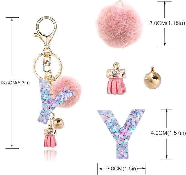 Resin Alphabet Initial Letter Keychain Keyring for Women Purse Handbags With Fur Ball Pom
