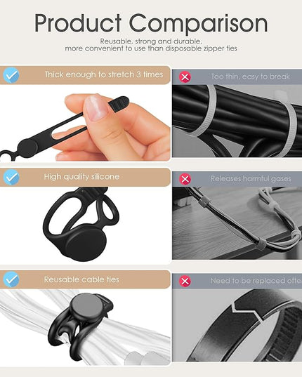 Nearockle Silicone Cable Ties Cord Organizer for Cable Management, 20Pcs 3" and 4.5" Reusable Cable Organizer Electronic Accessories for Home, Office, Kitchen, School, Travel (Black)