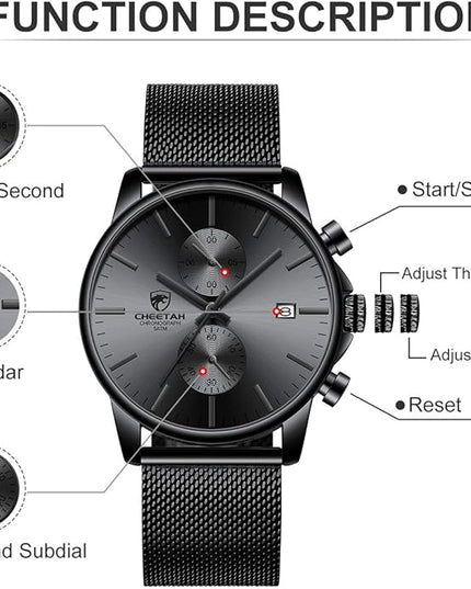 GOLDEN HOUR Mens Watch Fashion Sleek Minimalist Quartz Analog Mesh Stainless Steel Waterproof Chronograph Watches for Men with Auto Date