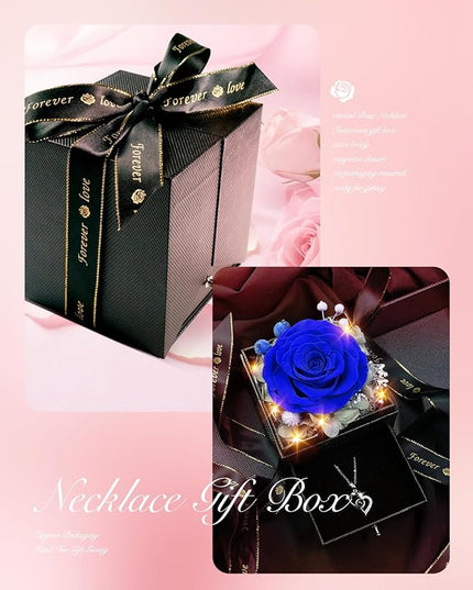 Birthday Gifts for Women, Preserved Real Roses with Heart Necklace I Love You in 100 Languages, Romantic Anniversary Wedding Gifts for Women Her Girlfriend Wife, Forever Roses Necklace Gift Box Blue
