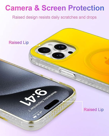 Aesthetic Case for iPhone 15 Pro Case for Women Girls, Compatible with Magsafe, Cute Girly Trendy Glitter Sparkly Rainbow Magnetic Protective Phone Cover, Matte Iridescent Yellow & Orange