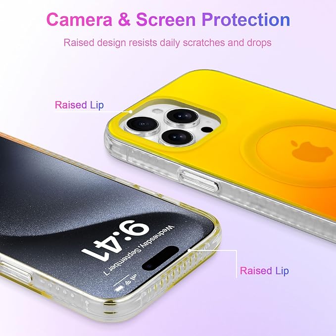 Aesthetic Case for iPhone 15 Pro Case for Women Girls, Compatible with Magsafe, Cute Girly Trendy Glitter Sparkly Rainbow Magnetic Protective Phone Cover, Matte Iridescent Yellow & Orange