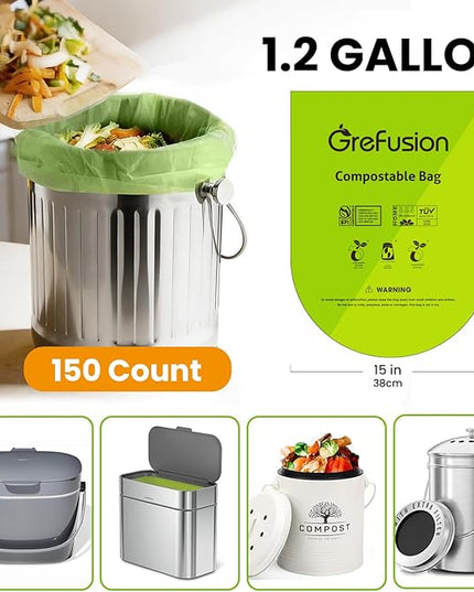 GreFusion Compostable Trash Bags for Kitchen Compost Bin 1.2 Gallon,150 Count,Compost Bags Small for Food Scrap Waste Bags for Countertop Bin Certified by BPI,ASTM D6400 and OK Compost
