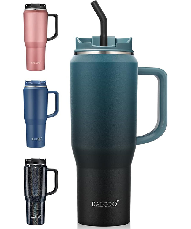 40 oz Insulated Water Bottle Jug with Straw and Handle, Large Metal Sport Water Flask, Stainless Steel Travel Coffee Mug Cup, Thermal Coffee Tumblers with Lid, Indigo Black