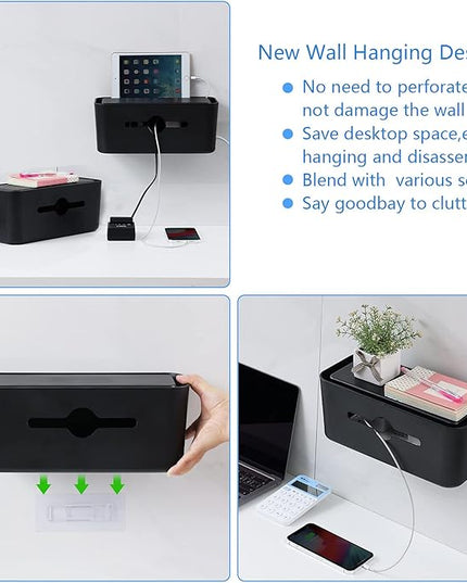 Cable Management Box,Cord Organizer Box for Desk Floor Cable Hide,Cable Box Organizer to Cover The Power Strip Cord Wires for Home Office,Black