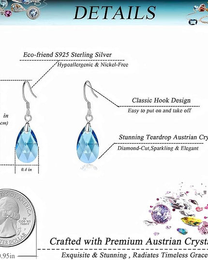 Teardrop Austrian Crystal Drop Dangle Earrings for Women 925 Sterling Silver Hook Hypoallergenic Jewelry
